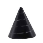 Cone giroscópico preto com várias camadas, visto de frente, usado em demonstrações de física.