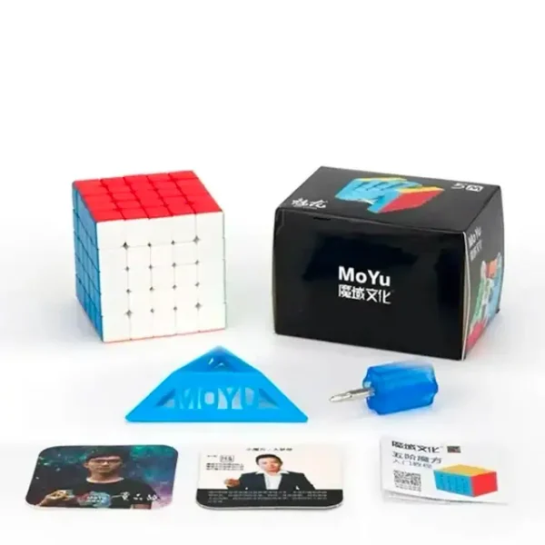 Cubo de Rubik 5x5 magnético com peças, caixa, ferramenta, cartões e guia de instruções.
