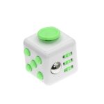 Cubo fidget com botões verdes, roda metálica e detalhes em verde, usado para aliviar o stress e melhorar a concentração.
