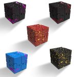 Cubo de aço preto com pintura de manchas coloridas em tons de rosa, vermelho, azul, amarelo e branco, visto de diferentes ângulos.