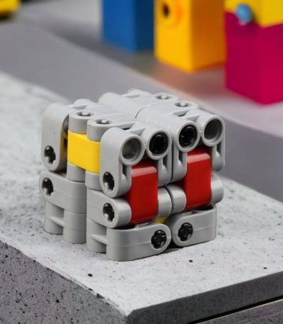 Cubo Infinito LEGO com peças cinzentas, vermelhas e amarelas, visto de cima, com detalhes das conexões e encaixes.