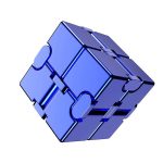 Cubo infinito de metal azul com peças interligadas e acabamento brilhante, visto de ângulo superior direito.