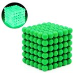 Cubo de esferas luminosas verdes empilhadas, com detalhe de uma esfera brilhante em destaque numa imagem circular.