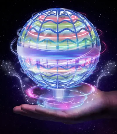 Esfera holográfica científica flutuante com efeitos luminosos coloridos, representando a tecnologia e a ciência futurista, em levitação num espaço estrelado.