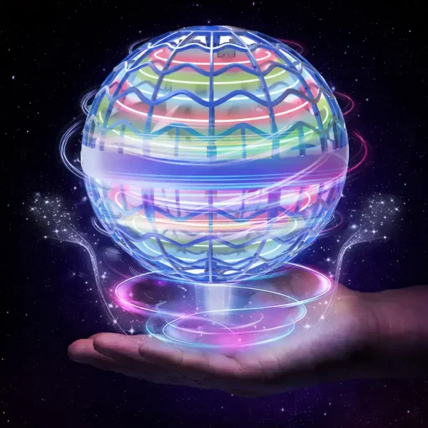 Esfera holográfica científica flutuante com efeitos luminosos coloridos, representando a tecnologia e a ciência futurista, em levitação num espaço estrelado.