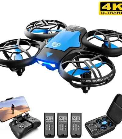Drone com estrutura preta e azul, hélices protegidas, luzes LED azuis, controlador com tela, baterias extras e estojo de transporte.
