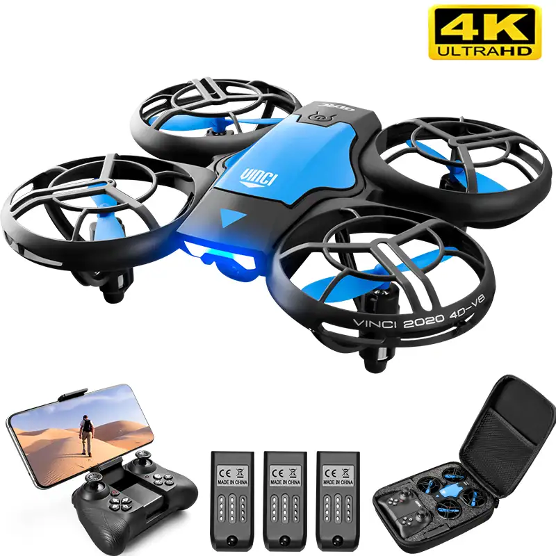 Drone com estrutura preta e azul, hélices protegidas, luzes LED azuis, controlador com tela, baterias extras e estojo de transporte.
