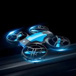 Drone de brinquedo com quatro hélices, estrutura preta e detalhes azuis, iluminado por luzes LED azuis, sobre fundo escuro.