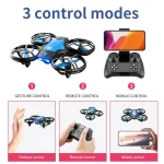 Drone compacto com quatro hélices, controlado por gesto, remoto e smartphone, com tela de exibição.