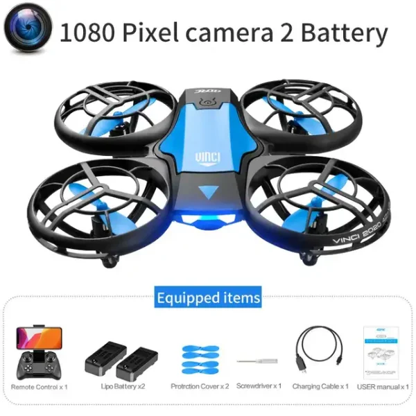 Drone compacto com câmara de 1080 pixels, estrutura preta e azul, com hélices protegidas por grades, acompanhado de acessórios como controlo remoto, baterias, ferramentas e manual.