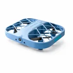 Drone quadricóptero leve para fotografia aérea, vigilância e lazer, com estrutura de plástico azul e hélices pretas.