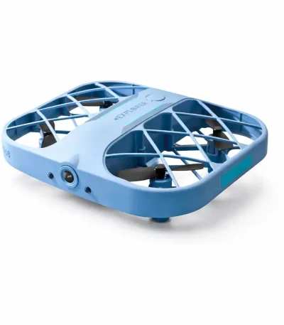 Drone quadricóptero leve para fotografia aérea, vigilância e lazer, com estrutura de plástico azul e hélices pretas.