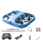Drone de cor azul com estrutura reforçada, controladora, bateria, hélices, e acessórios incluindo controlador, carregador, e ferramentas.