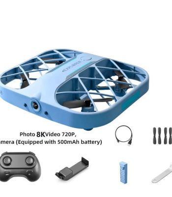 Drone de cor azul com estrutura reforçada, controladora, bateria, hélices, e acessórios incluindo controlador, carregador, e ferramentas.