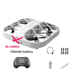 Drone branco com estrutura de proteção, sem câmara, acompanhado de controladora, hélices, bateria, cabos e ferramentas de manutenção.