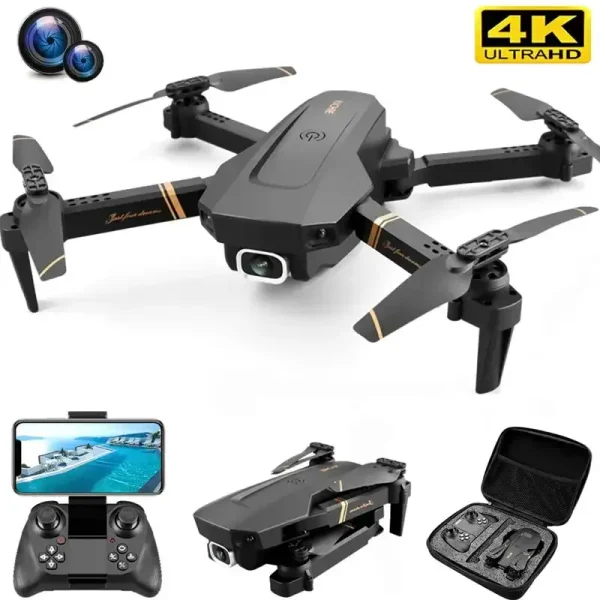Drone preto com hélices dobráveis, câmera frontal e controle remoto com tela integrada, acompanhado de estojo de transporte com acessórios.