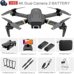 Drone com câmera 4K, hélices dobráveis, bateria dupla, controle remoto, bateria de lipo, bolsa de transporte, cabos de carregamento, manual de instruções, acessórios de proteção, e peças de reposição.