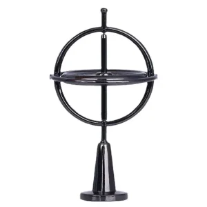 Giroscópio de precisão com estrutura metálica preta, esfera rotativa e base sólida, usado para demonstrações científicas de física.