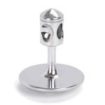 Giroscópio de metal com base circular, corpo cilíndrico e topo pontiagudo, usado para demonstrações de física e equilíbrio.