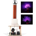 Bobina de Tesla com esfera metálica no topo e efeitos de plasma visíveis nas imagens adjacentes, mostrando faíscas azuis e descargas elétricas.