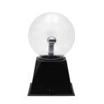 Lâmpada de plasma de 20 cm com esfera de vidro transparente e base preta, mostrando o efeito de plasma no interior.
