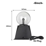 Lâmpada de plasma tátil de 25 cm com base preta e bola de vidro, controlável por toque, ideal para decoração científica e ambiente moderno.