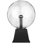 Lâmpada de plasma de 30 cm com esfera de vidro transparente, base preta e descarga de plasma visível no interior.