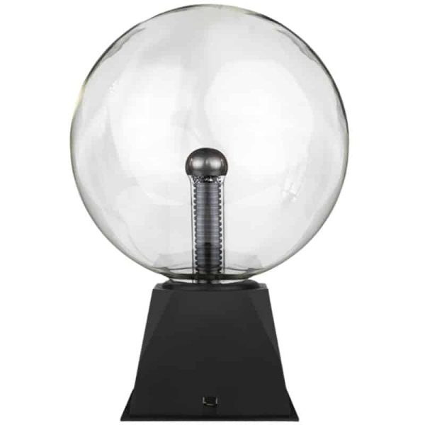 Lâmpada de plasma de 30 cm com esfera de vidro transparente, base preta e descarga de plasma visível no interior.