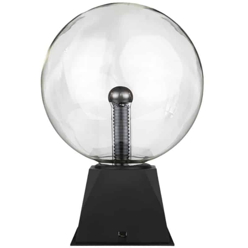 Lâmpada de plasma de 30 cm com esfera de vidro transparente, base preta e descarga de plasma visível no interior.