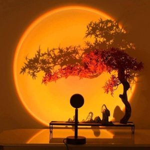 Miniatura de árvore de bonsai com luz de pôr do sol projetada na parede, criando sombra detalhada e efeito de pôr do sol.