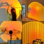 Vários efeitos de luz de pôr do sol projetados em paredes e objetos, incluindo sombras de mãos, círculos de luz e cortinas com iluminação quente.