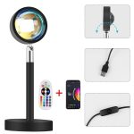 Luz de plasma circular com base, controle remoto, cabo USB e controlador de intensidade, vista frontal e detalhes de conexão.