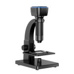 Microscópio digital com lente objetiva, base sólida e visor digital para observação científica.