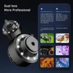 Lentes de aumento para microscópio digital, com detalhes de 500x e 2000x, e imagens de insetos, células e minerais ao lado.