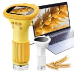 Lupa de mão amarela com luz LED, conectada a um computador portátil, usada para observação detalhada de objetos pequenos.