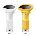 Lupa de ciência com tela digital, corpo em branco e amarelo, botões de controle na parte frontal, design ergonómico, ideal para exploração científica infantil.