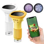 Microscópios digitais em branco e amarelo com tela, acompanhados de imagens de células e uma pessoa usando um smartphone para tirar uma foto de um sapo.