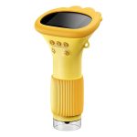 Microscópio eletrônico para crianças com visor grande e botões de controle coloridos, em cor amarela, com detalhes em prata na base.