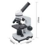 Microscópio com objetiva ajustável, lente ocular, base sólida e iluminação LED para observação de amostras.