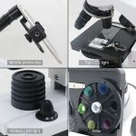 Acessórios do microscópio incluindo clip para telemóvel, luzes LED, filtro e ajustamentos de foco.