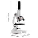 Microscópio branco com lentes ajustáveis, base sólida e tubo ocular de altura moderada, ideal para estudos iniciais.