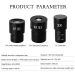 Conjunto de três lentes de aumento para microscópio, incluindo lentes de 16x, 30x e um extensor de 2x, com detalhes de marca e escala.