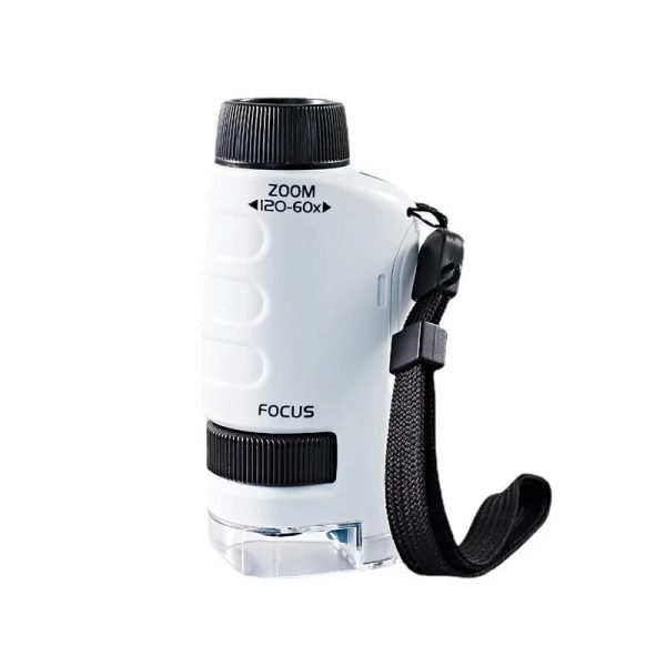 Lupa portátil com lente de aumento, corpo branco, tampa preta e alça de mão preta, ideal para observações detalhadas.