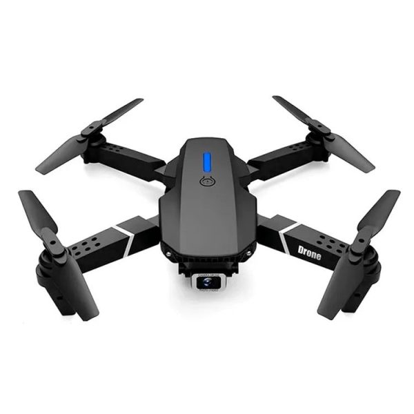 Drone preto com quatro hélices, câmera frontal e luz azul no centro, vista superior.