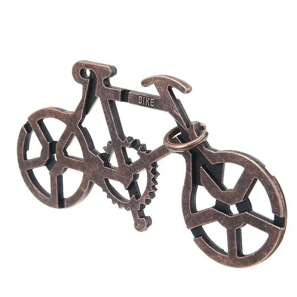Peça de quebra-cabeça de bicicleta de metal com rodas abertas e estrutura detalhada, vista de lado.