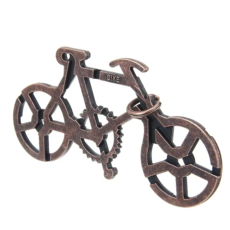 Peça de quebra-cabeça de bicicleta de metal com rodas abertas e estrutura detalhada, vista de lado.
