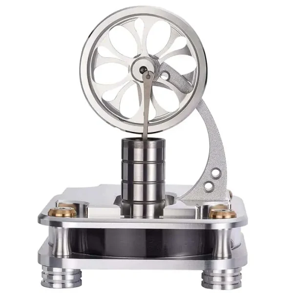 Motor Stirling a vapor com roda de expansão, pistão e estrutura metálica, visto de frente, com detalhes de componentes metálicos e base de suporte.