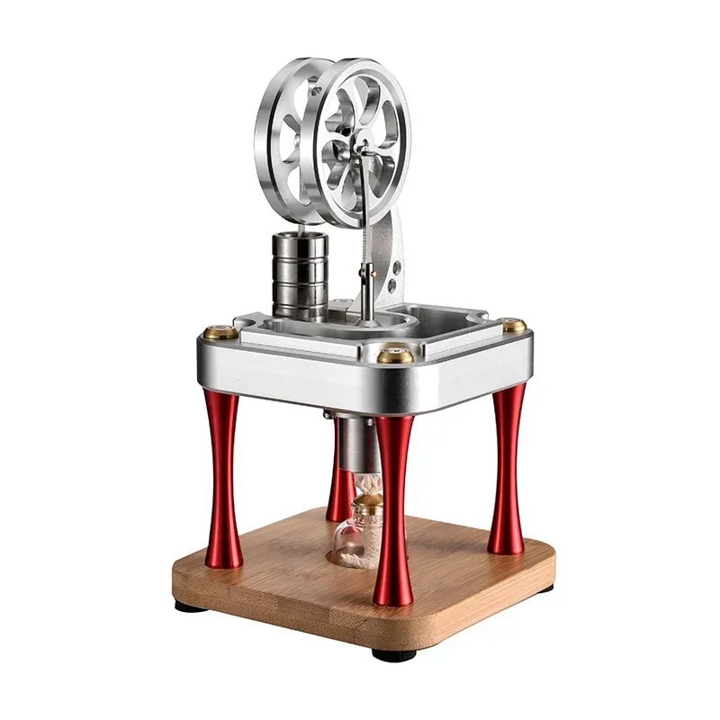 Motor Stirling de Alta Temperatura Motor Stirling de alta temperatura com rodas de metal, base de madeira e estrutura metálica prateada, usado em demonstrações científicas.