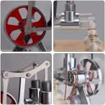 Conjunto de quatro imagens mostrando diferentes componentes de motores científicos de metal, incluindo rodas, e mecanismos de movimento, com detalhes em metal e plástico.