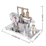 Modelo de motor Stirling com componentes metálicos, medidor de temperatura, e recipiente de vidro, sobre base metálica com dimensões indicadas.